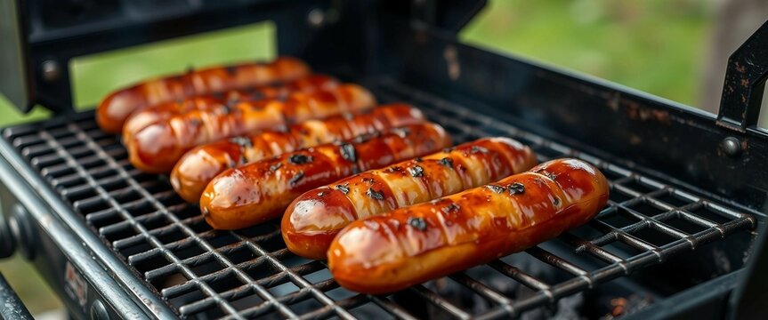 Gegrillte, braune W&uuml;rstchen auf schwarzem Grillrost, saftig und rauchig. Warme Braunt&ouml;ne des Fleisches kontrastieren mit dem dunklen Grill und dem verschwommenen gr&uuml;nen Hintergrund.