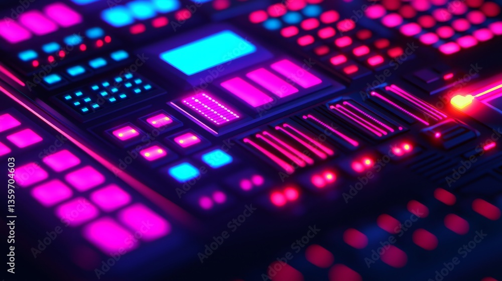Poster futuristic neon synth control panel digital music studio technology showcase high-tech environment c