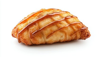 Fototapeta premium Dessert American rich soft. A delicious, golden-brown pastry filled with sweet filling, topped with a drizzle of caramel, showcasing a tempting dessert option.