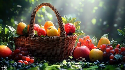Serene Picnic Scene in Countryside with Wicker Basket and Fresh Fruits