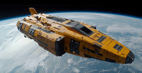 Pixel Art Spaceship In Orbit Around Earth