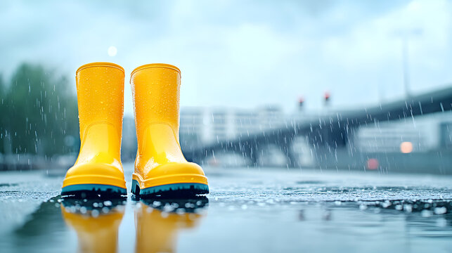 Yellow rubber boots standing on wet road under rainfall in city background, suitable for advertisements or rainy season promotions. Selective focus