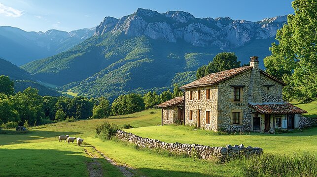 Traditional Basque farmhouse nestled in a green valley with sheep grazing nearby and the Pyrenees in the background captured with a prime lens