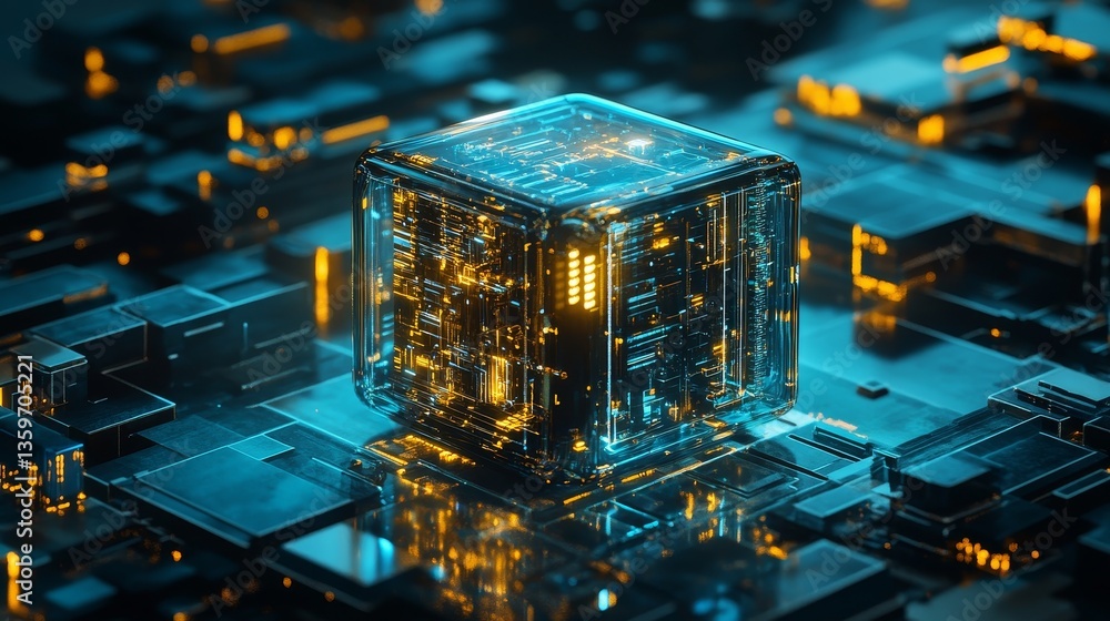 Poster 3d illustration of a working quantum computer with glowing circuits data flow, representing advanced
