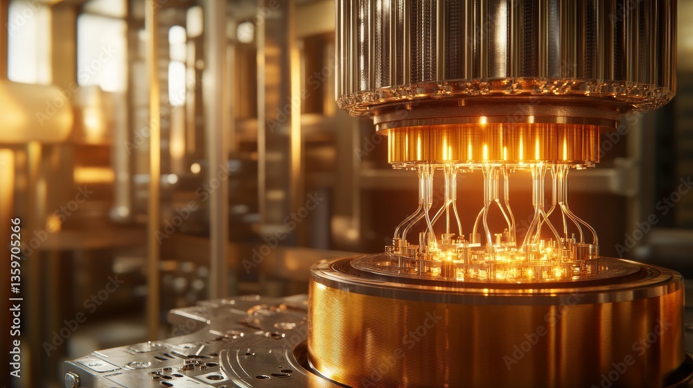 Poster 3d illustration of a working quantum computer with glowing circuits data flow, representing advanced