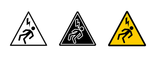 Warning electricity icon. High voltage danger symbol with electric shock pictogram. Electrical hazard sign for safety and risk prevention. Power accident alert triangle vector illustration.