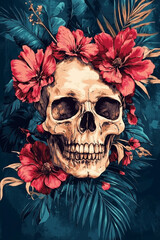 Fototapeta premium Illustration of a Human Skull Surrounded by Orchid Flowers