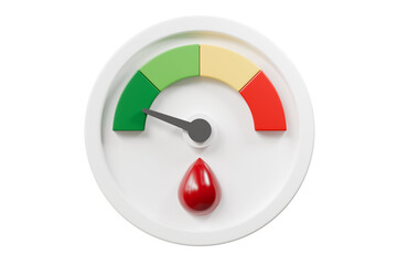 3d Speedometer icon. Minimal Status Speedometer with glucometer test. Green, Yellow, Orange, Red Status color or low, medium, high arrow scale performance status icon. Credit rating score. 3d render.
