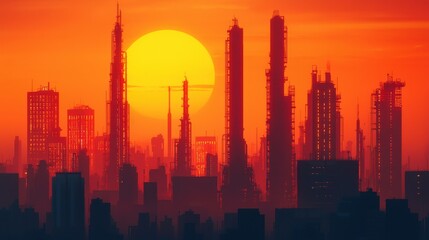 A vibrant sunset silhouette of industrial skyscrapers against a bright orange sun, showcasing a dramatic urban landscape.