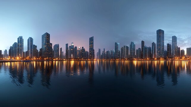 Full HDRI equirectangular panorama of a glowing city skyline, tall buildings outlined in vibrant lights, reflections on nearby rivers or lakes adding depth 