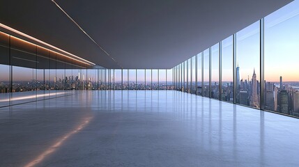 Futuristic building interior featuring an empty platform with seamless white flooring, dim ambient lighting, a vast glass wall providing an unobstructed view of the radiant urban skyline 