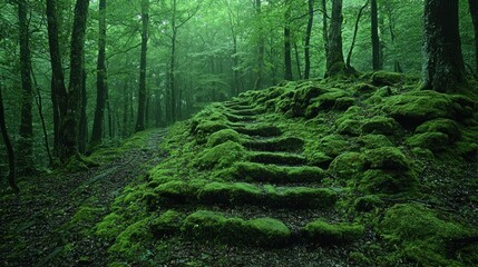 Obraz premium Mossy stone steps ascending in a lush green forest, path leading into the woods.