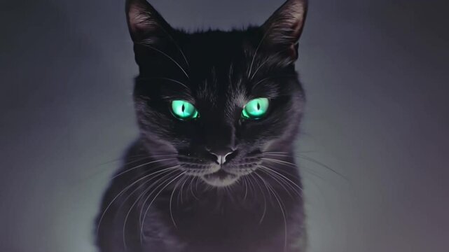 Mysterious black cat with green eyes stares into the camera. Scary video of an approaching predator