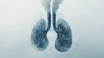 A surreal depiction of lungs intertwined with urban structures, symbolizing the impact of pollution on health and the environment.