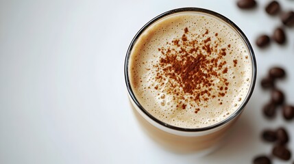 A delicious creamy iced coffee drink topped with a sprinkle of cinnamon sits on a white background next to coffee beans.