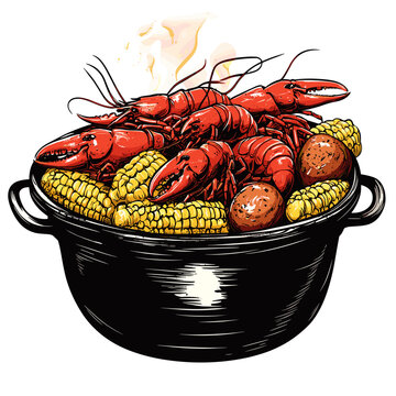 Crawfish Boil with Corn and Potatoes Illustration