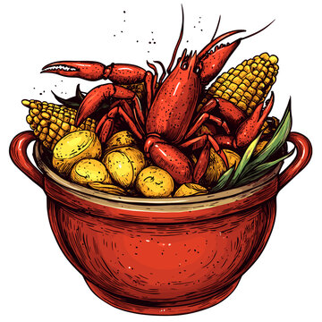 Crawfish Boil with Corn and Potatoes Illustration