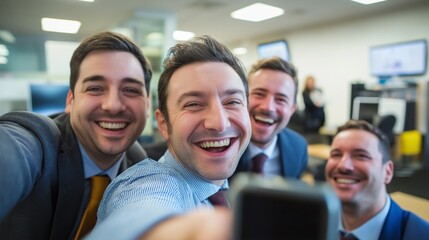 Obraz premium A group of cheerful colleagues pose closely together for a joyful selfie, radiating happiness and camaraderie in a modern office space filled with technology and warm lighting