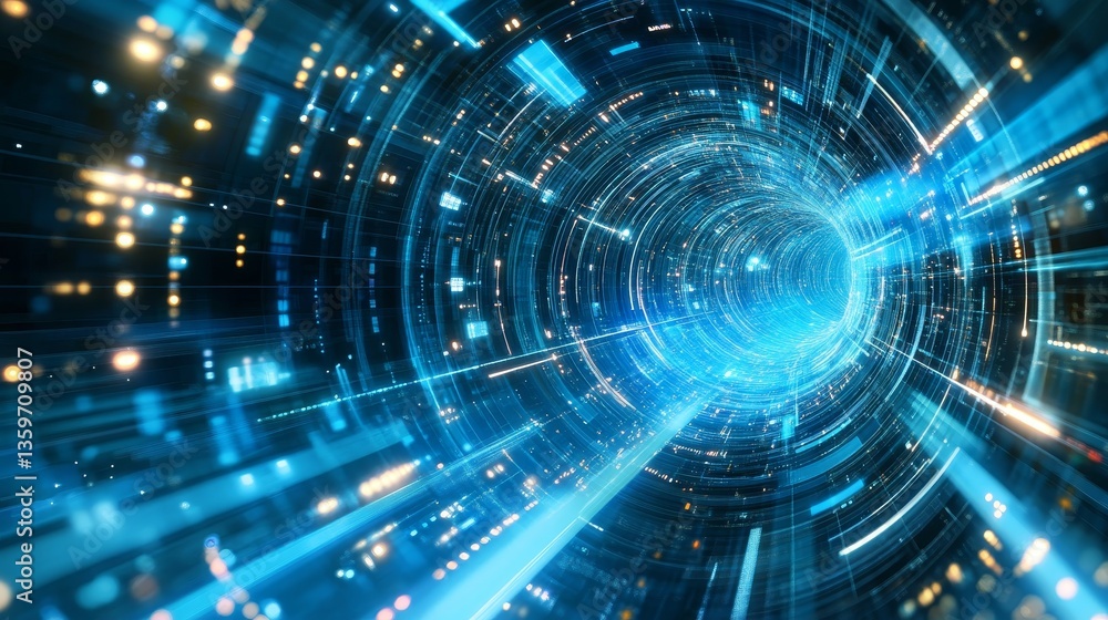 Poster big data analytics and high-speed communication technology illustration with dynamic data flow, digi