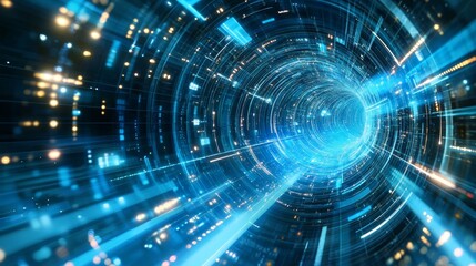 Big data analytics and high-speed communication technology illustration with dynamic data flow, digital information stream, quantum computer qubits, futuristic network, advanced internet concept