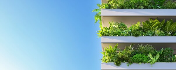 Obraz premium A vibrant green wall of plants against a clear blue sky, showcasing modern vertical gardening and eco-friendly architecture, Sustainable Living.