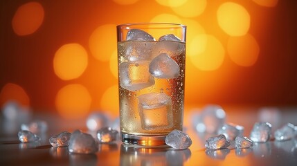 A glass filled with a refreshing beverage and ice, against a backdrop of warm, glowing lights.