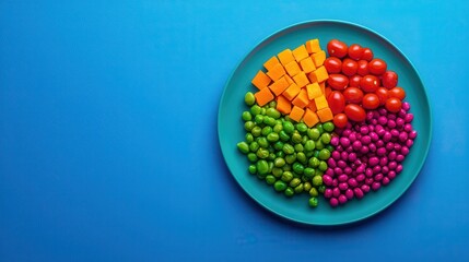 A vibrant plate of colorful fruits and vegetables arranged in sections, showcasing a variety of textures and hues against a blue background.