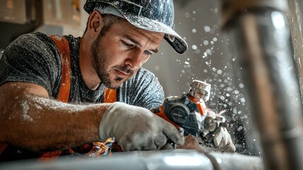 An experienced plumber using a power tool to cut through a pipe, focused and precise.