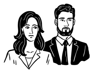 Portrait of a beautiful young couple. Man and woman in business clothes. Office colleagues. Modern peope. Vector black and white art illustration on white background. hand drawn sketch outline