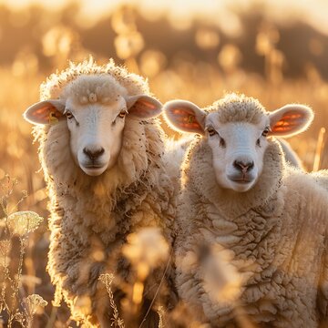 Awassi sheep and an East Friesian sheep Ovis aries standing together in a Mediterranean style pasture their wool light and airy under the warm golden sunlight