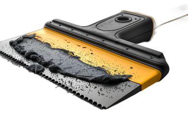 Close up of a black and yellow industrial scraper with gray adhesive substance perfect for construction DIY and industrial design projects