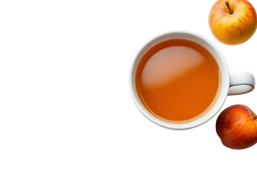 A comforting cup of warm apple cider on a crisp autumn day beside fresh picked apples glowing against a dark background with a soft diffused light