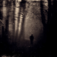 Dark scary forest wallpaper, grunge landscape with lonely person