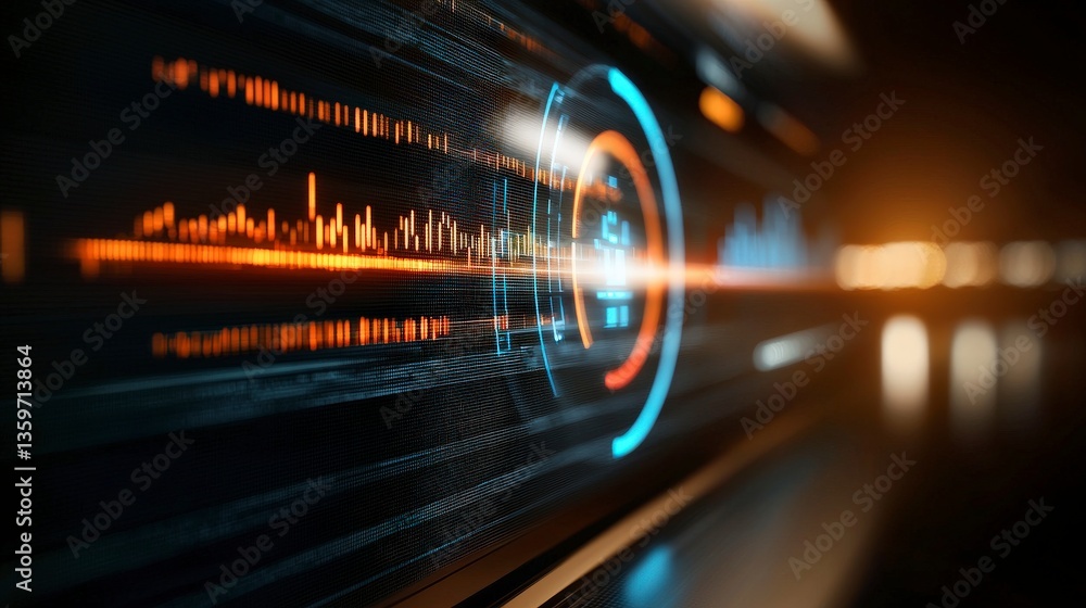 Poster data visualization: a dynamic, high-tech visualization of data streams, displayed with sleek lines a