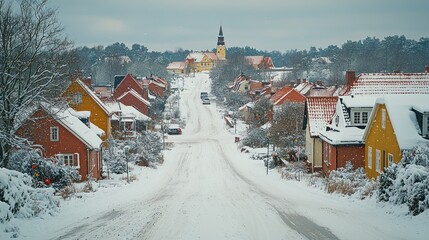 Fototapeta premium Snow-Covered Small Town Landscape in Picturesque Winter Setting