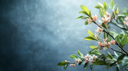 Obraz premium Serene Spring Blossoms: Delicate Peach Flowers against a Moody Blue Backdrop
