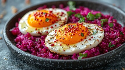 Obraz premium Two fried eggs atop vibrant beetroot grain dish