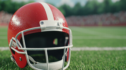 close up view of red football helmet resting grassy field, showcasing its shiny surface and water droplets, evoking sense of excitement