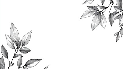 Chic corner border with minimalist botanical illustrations of thin-line plants and leaves in black and white on a white background