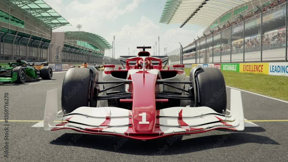 Poster zoom out of number 1 to reveal a generic formula one race car starting from pole position. low to hi