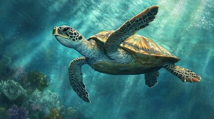 Obraz premium Sea Turtle Swimming Underwater