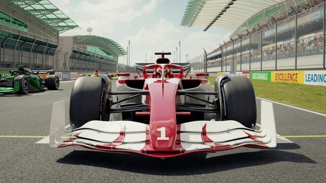 Zoom out of number 1 to reveal a generic formula one race car starting from pole position. Low to high angle view. 3d animation rendering