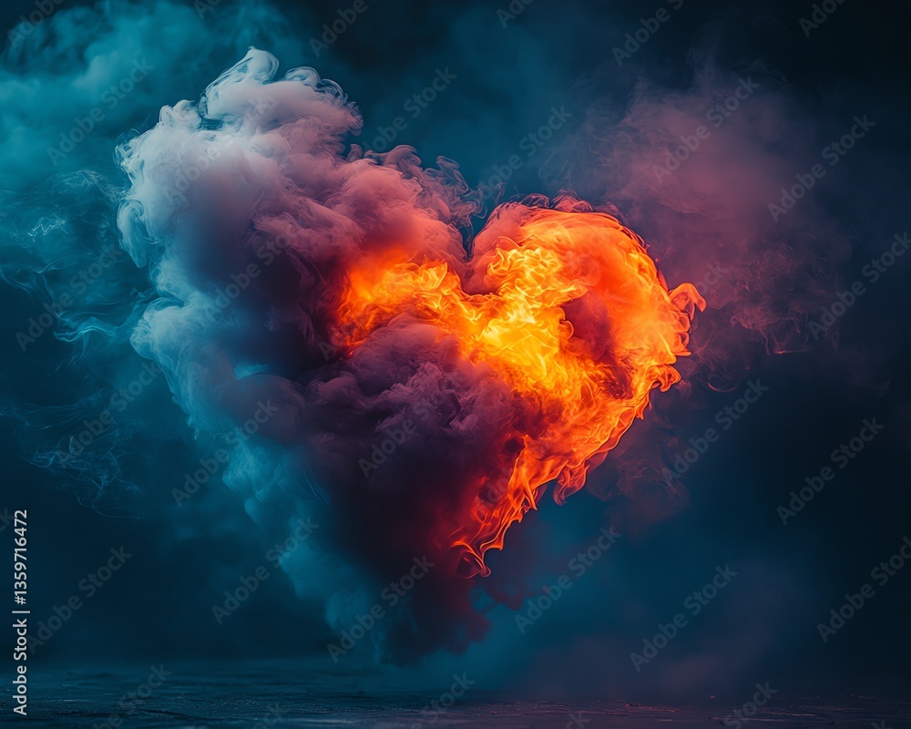 Poster A heart exploding into flames and smoke, symbolizing the explosive force of intense emotion and destruction, with vivid colors and dark, swirling smoke