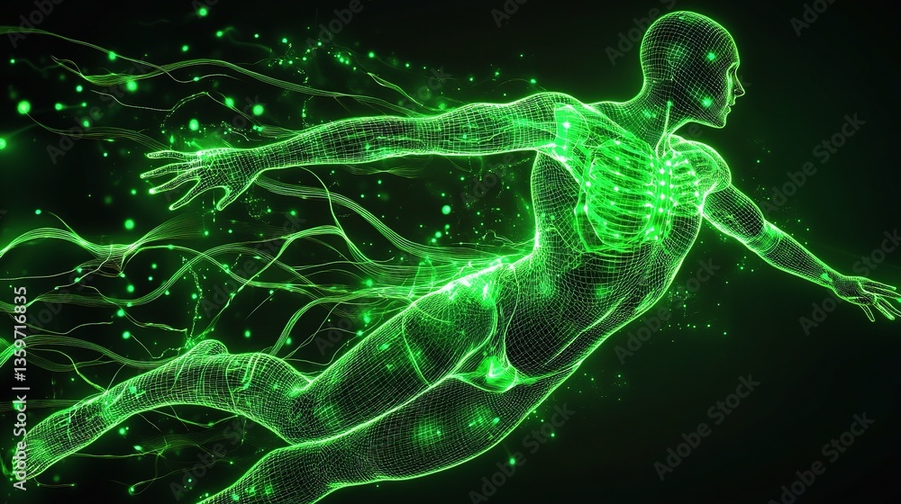 Poster neon green data lines overlaying transparent figure in motion