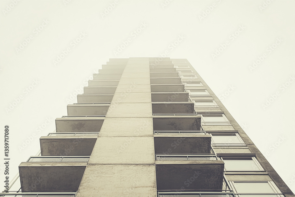 Poster low-angle view of a tall beige building with numerous balconies, showcasing architectural lines and 