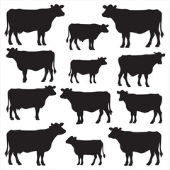 set of cow vector silhouettes, set of different style cow, Dairy farm cow, Cow Grazing On Meadow, vector silhouettes	
	