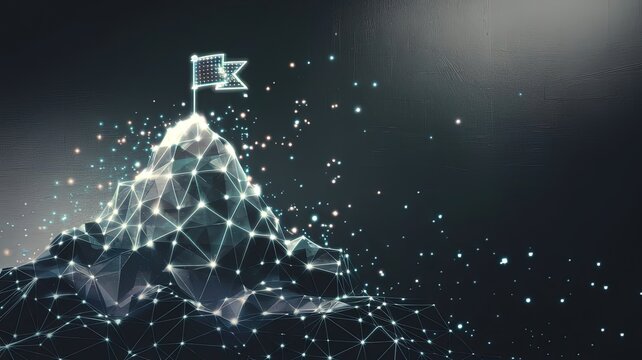 Conquering Heights: A digital depiction of a mountain peak crowned with a flag, representing ambition, success, and the achievement of goals. 