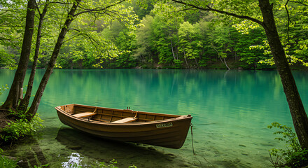 Obraz premium Wooden Rowboat on Serene Lake Surrounded by Lush Green Forest