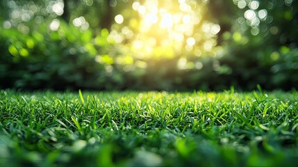 Naklejka premium Lush Green Grass in Sunlit Forest