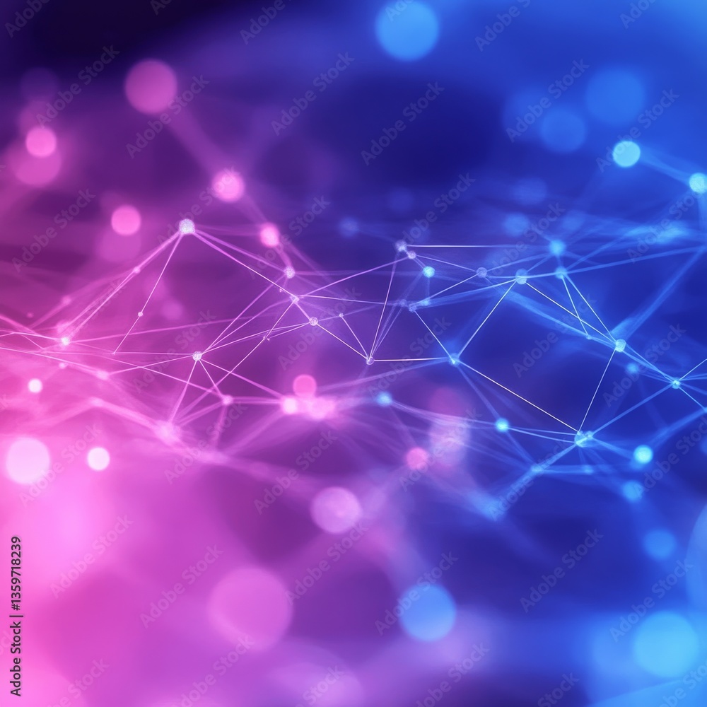 Aufkleber Abstract Network: Pink and Blue Connected Nodes with Bokeh Lights for Technology or Futuristic Background